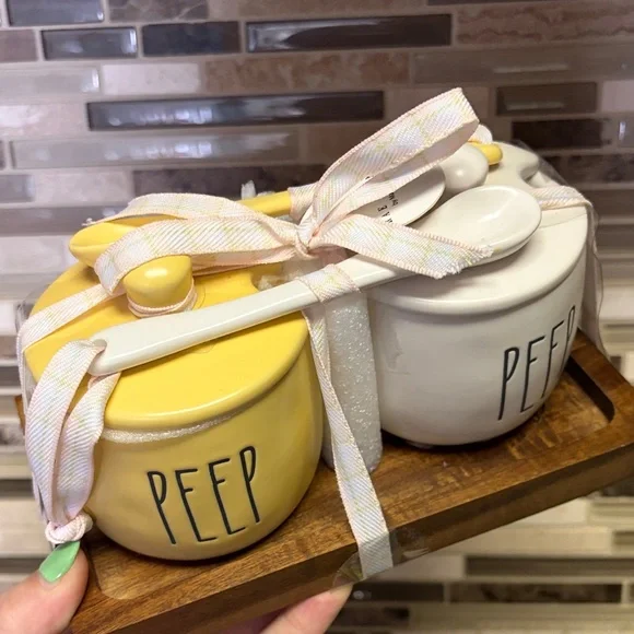 Rae Dunn Peep Ceramic Salt and Pepper Jars With Spoons NWT - Picture 3 of 8